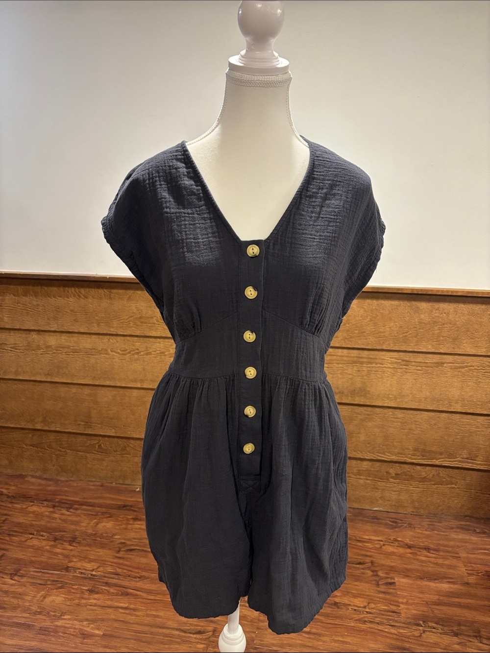 Universal Thread Black Button-Front Romper with Wooden Buttons